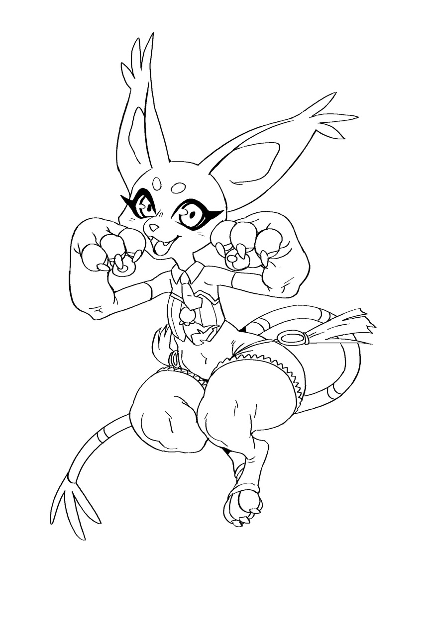 2017 absurd_res armwear belly big_ears black_and_white bridal_gauntlets claws clothed clothing cute_fangs digimon digital_media_(artwork) digitigrade eyelashes fan_character female flat_chested gatomon gloves hi_res jijis-waifus leg_warmers legwear line_art looking_at_viewer mammal midriff monochrome navel necktie open_mouth paws raised_arm semi-anthro simple_background smile socks solo striped_tail stripes tassels thick_thighs toeless_socks toes vivi_(inline) white_background wide_hips