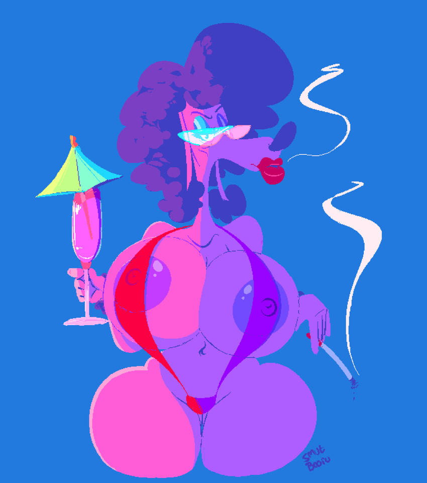 2017 anthro areola big_areola big_breasts bikini breasts canine cigarette cleavage clothed clothing deep_navel digital_media_(artwork) dog eyeshadow eyewear female glasses hi_res huge_breasts lipstick looking_at_viewer makeup mammal mature_female navel nipple_bulge raised_arm renee_(kmorrisoncartoons) skimpy sling_bikini smoking smutbooru solo standing swimsuit thick_thighs umbrella wide_hips wine_glass