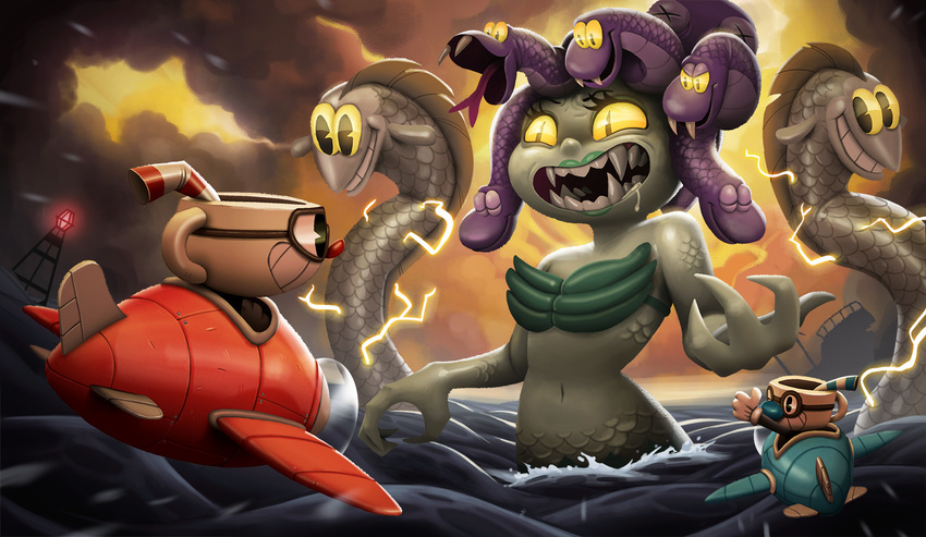 aircraft airplane animate_inanimate cala_maria cephalopod claws cloud cuphead_(character) cuphead_(game) eel electricity eyewear fangs female fish goggles henrik_brummer hi_res humanoid lipstick makeup male marine merfolk mugman not_furry object_head octopus open_mouth reptile scalie sharp_teeth size_difference smile snake teeth tentacle_hair tentacles video_games water yellow_eyes