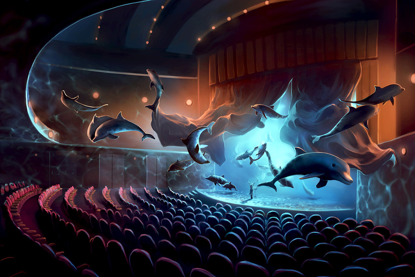 ambiguous_gender aquasixio cetacean detailed_background digital_media_(artwork) dolphin fin flying group human inside mammal marine