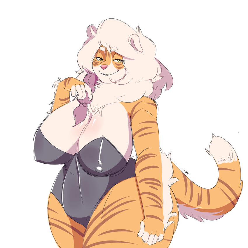 2018 anthro belly big_breasts breasts buxbi_(character) clothed clothing feline female hair hi_res huge_breasts huge_thighs jakkmau5art leotard mammal nipple_bulge overweight pink_nose simple_background smile solo stripes thick_thighs tiger voluptuous white_hair wide_hips