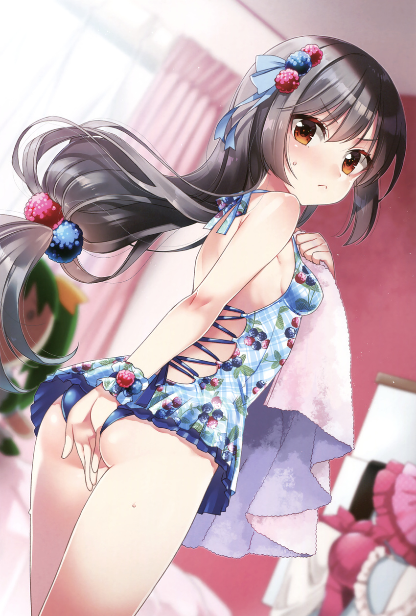 :&lt; absurdres ass back backlighting bangs bare_arms bare_shoulders blackberry-chan blackberry_(fruit) blackberry_hair_ornament blue_ribbon blue_swimsuit blurry blurry_background blush bra bra_removed breasts brown_hair casual_one-piece_swimsuit closed_mouth covering covering_ass cowboy_shot depth_of_field dutch_angle eyebrows_visible_through_hair floral_print food_themed_clothes food_themed_hair_ornament frilled_swimsuit frills from_behind hair_ornament hair_ribbon halterneck hand_on_own_chest highres holding holding_towel indoors koruri long_hair looking_at_viewer looking_back low-tied_long_hair melonbooks one-piece_swimsuit pink_bra pink_skirt raspberry_hair_ornament red_eyes ribbon scan shelf sideboob skirt skirt_removed small_breasts solo standing stuffed_toy sweat swimsuit thighs towel underwear v-shaped_eyebrows very_long_hair wrist_cuffs