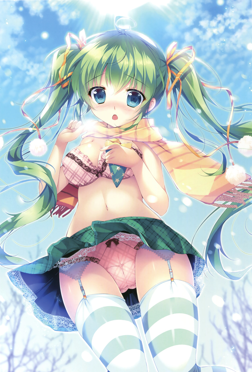 absurdres ahoge bangs blue_eyes blue_sky blush bow bow_bra bow_panties bra breasts breath cameltoe cleavage covered_nipples crepe day eyebrows_visible_through_hair fingernails food fringe_trim garter_belt green_hair green_skirt hair_between_eyes hair_ribbon highres holding holding_food large_breasts long_hair looking_at_viewer melonbooks mikeou navel no_shirt outdoors panties parted_lips pink_bra pink_panties plaid plaid_bra plaid_panties plaid_skirt pom_pom_(clothes) ribbon scan scarf skirt sky snowing solo striped striped_legwear thighhighs twintails underwear very_long_hair yellow_ribbon yellow_scarf