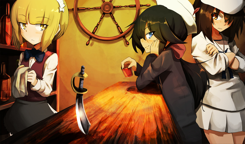 bangs bar black_eyes black_hair black_jacket black_neckwear blonde_hair blouse bottle bow bowtie brown_eyes brown_hair brown_vest chin_rest closed_mouth commentary crossed_arms cup cutlass cutlass_(girls_und_panzer) dark_skin dixie_cup_hat dress_shirt drinking_glass eyebrows_visible_through_hair feathers from_side frown girls_und_panzer glaring hair_over_one_eye hair_ribbon hat highres holding jacket jinguu_(4839ms) liquor long_hair long_sleeves looking_at_viewer looking_to_the_side military_hat miniskirt multiple_girls murakami_(girls_und_panzer) napkin neckerchief ogin_(girls_und_panzer) ooarai_naval_school_uniform pleated_skirt ponytail red_ribbon ribbon sailor sailor_collar school_uniform shirt short_hair shot_glass sitting skirt sleeves_rolled_up smile standing vest white_blouse white_hat white_shirt white_skirt wing_collar yellow_eyes