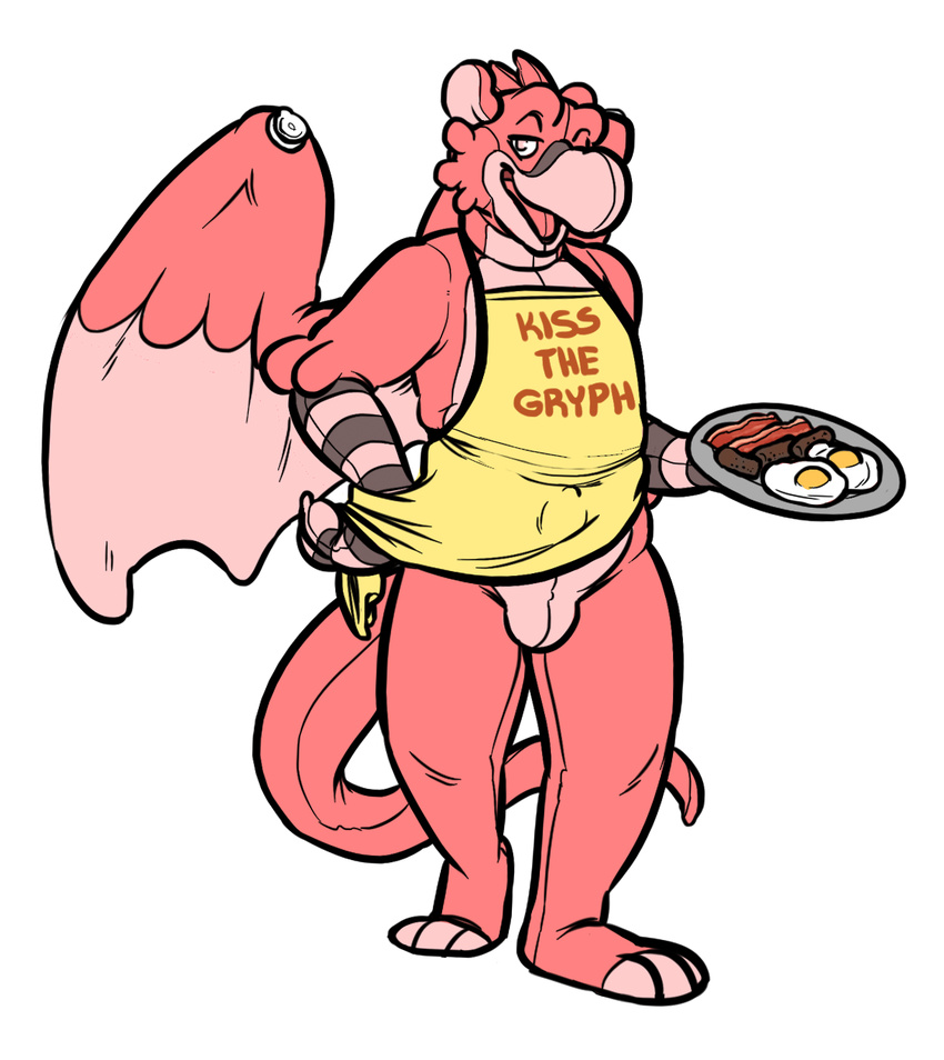 2015 animate_inanimate anthro apron avian bacon beak bottomless breakfast bulge claws clothed clothing cubi digital_drawing_(artwork) digital_media_(artwork) egg english_text flir food fried_egg gryf_(flir) gryphon hi_res holding_object inflatable living_inflatable long_tail looking_at_viewer male nozzle open_mouth plate pool_toy rubber sausage simple_background solo standing suggestive text white_background wings