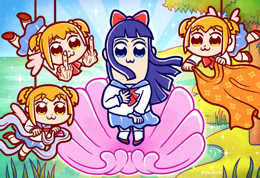 :3 absurdres artist_name birth_of_venus bkub_(style) blue_eyes blue_hair blue_skirt bow brown_eyes brown_hair chibi clone commentary emphasis_lines fairy_wings fine_art_parody flying grass hair_bow hair_ornament hair_scrunchie hanging highres jackie_yanes long_hair looking_at_viewer middle_finger multiple_girls outdoors parody pipimi pleated_skirt poptepipic popuko red_bow rope scarf school_uniform scrunchie serafuku shell skirt sparkle star_(sky) tree twitter_username two_side_up water wings yellow_scrunchie