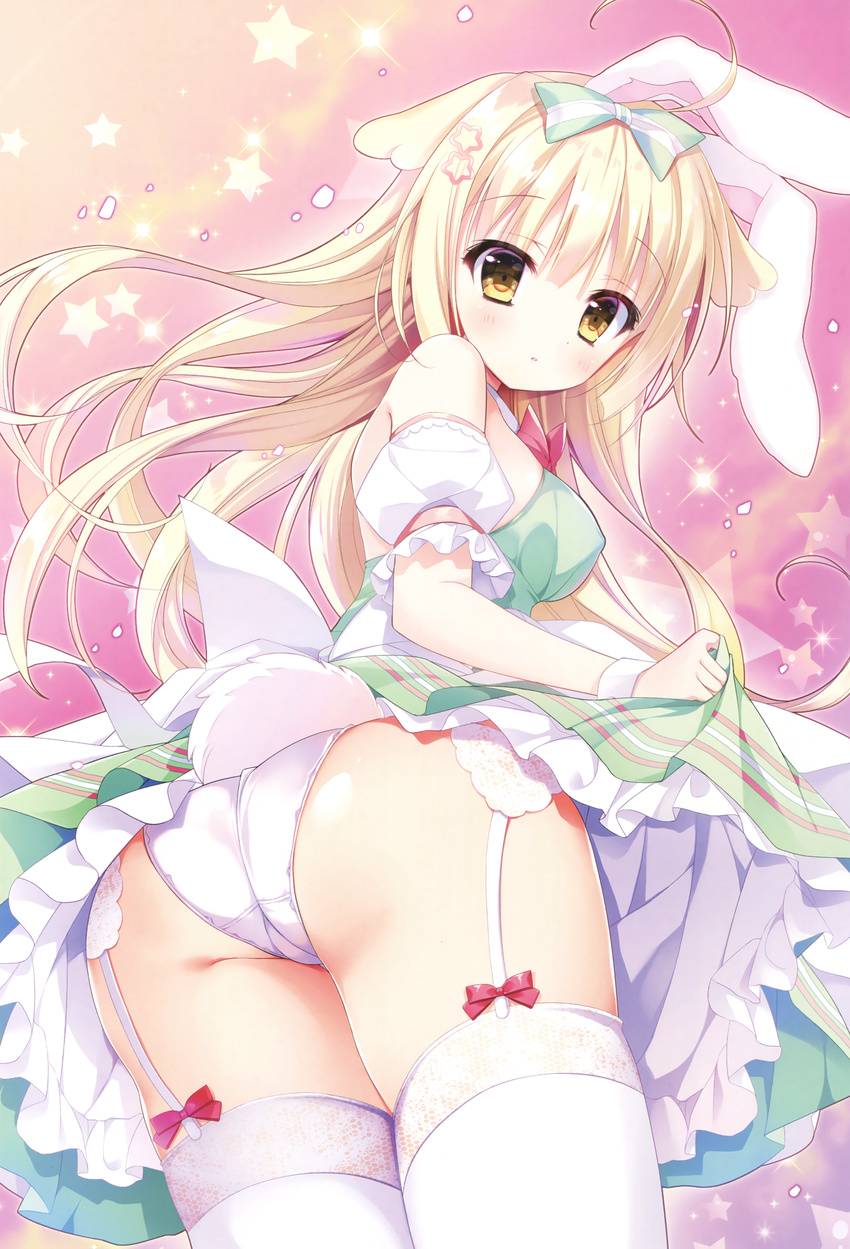 absurdres ahoge animal_ears ass bangs bare_shoulders blonde_hair blush bow bowtie bunny_ears bunny_girl bunny_tail covered_nipples dress eyebrows_visible_through_hair garter_belt green_dress hair_between_eyes hair_bow hair_ornament highres long_hair looking_at_viewer melonbooks panties parted_lips puffy_short_sleeves puffy_sleeves red_bow red_neckwear scan shiwasu_horio short_sleeves sidelocks solo star star_hair_ornament striped striped_bow tail thighhighs underwear very_long_hair white_legwear white_panties yellow_eyes