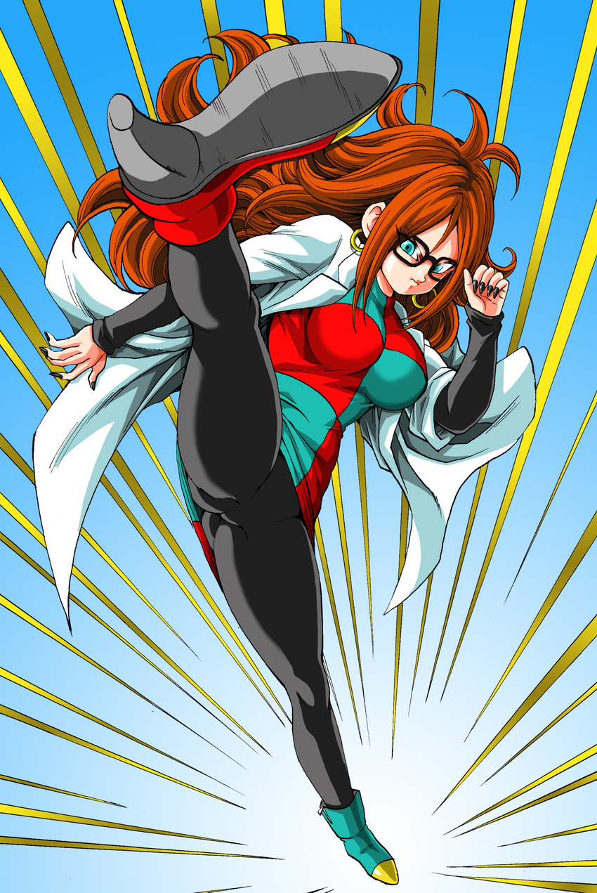 1girl android_21 black_legwear blue_eyes dragon_ball dragon_ball_fighterz dress earrings full_body glasses high_heel_boots high_heels high_kick jewelry labcoat long_hair long_sleeves looking_at_viewer multicolored multicolored_boots multicolored_clothes multicolored_dress nail_polish pantyhose red_hair turtleneck_dress