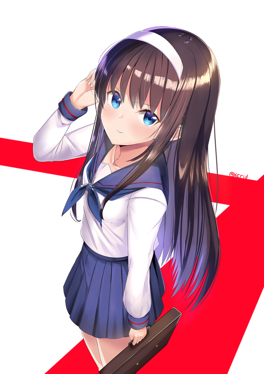 absurdres bangs blue_neckwear blue_skirt blush braid breasts brown_hair feet_out_of_frame foreshortening from_above hairband hand_in_hair hand_up highres holding i.f.s.f long_hair long_sleeves looking_at_viewer looking_up neckerchief parted_lips pleated_skirt school_briefcase school_uniform serafuku shiny shiny_hair shirt skirt small_breasts smile solo standing straight_hair toono_akiha tsukihime twin_braids two-tone_background white_hairband white_shirt
