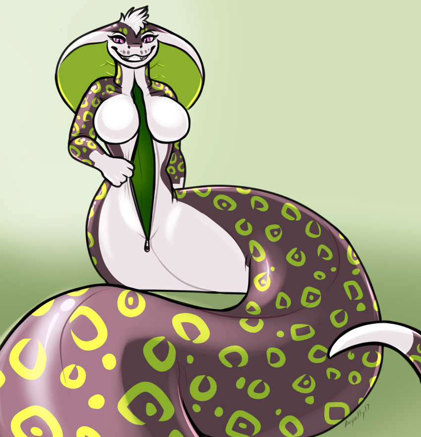 breasts female green_markings living_costume living_fursuit looking_at_viewer markings naga purple_eyes reptile royalty_(artist) scalie simple_background smile snake solo zipper