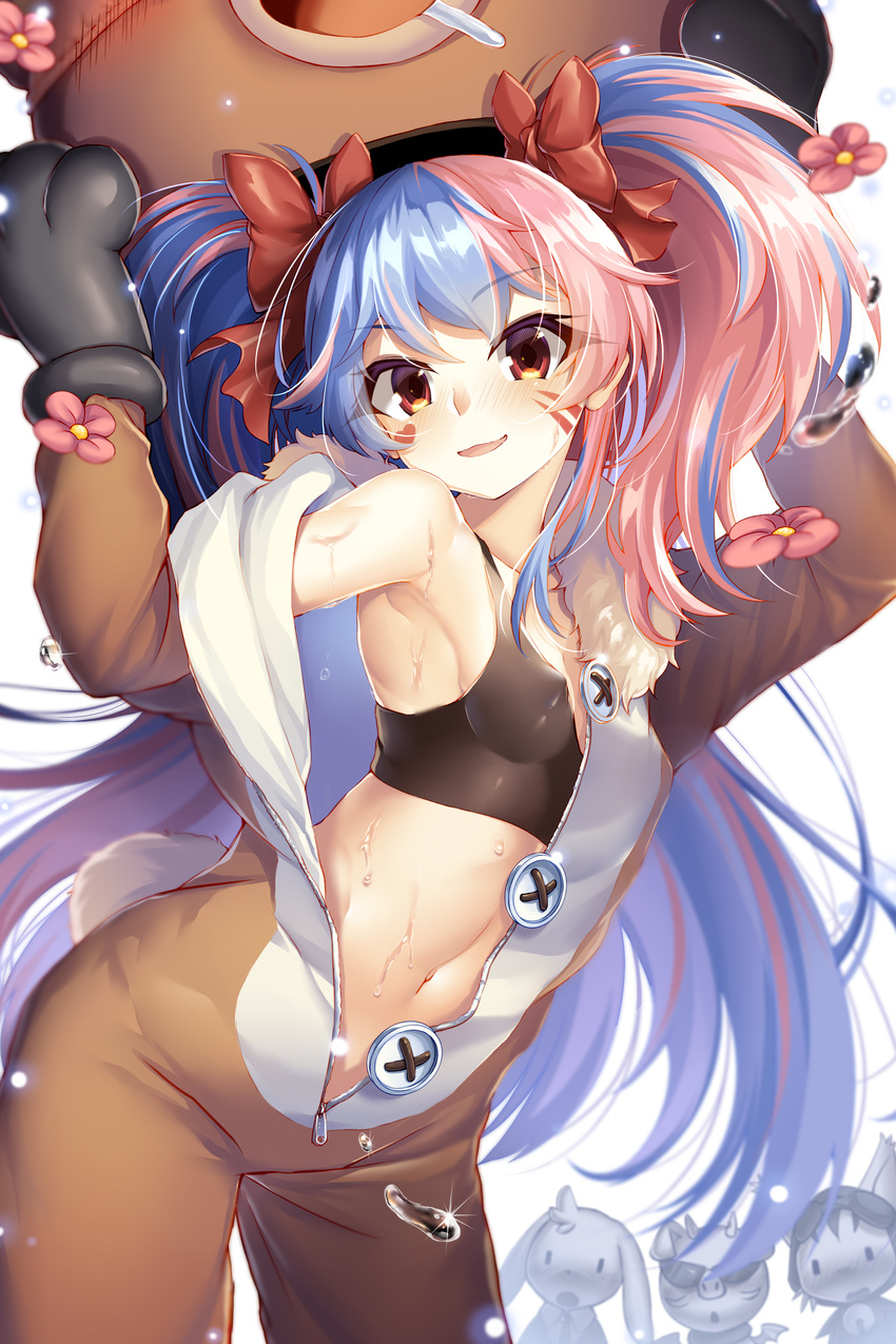 abondz absurdres animal_costume armpits bear_costume beelzebub_(soccer_spirits) blue_hair blush bow breasts death_queen facial_mark flower hair_bow highres kuma_(soccer_spirits) littre long_hair looking_at_viewer mera_(soccer_spirits) multicolored_hair navel open_clothes open_mouth pink_hair red_eyes simple_background small_breasts soccer_spirits solo_focus sports_bra sweat twintails two-tone_hair undressing zipper_pull_tab