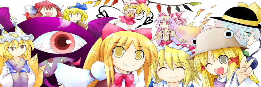 ^_^ alice_margatroid alice_margatroid_(pc-98) ayumi_tooru blonde_hair book bow brown_hair closed_eyes commentary_request crystal dress evil_eye_sigma eyeball flandre_scarlet fujiwara_no_mokou gengetsu green_eyes green_hair green_skirt grimoire grimoire_of_alice hair_bow hairband hat hat_ribbon komeiji_koishi maid maid_headdress moriya_suwako mugetsu multiple_girls red_eyes ribbon rika_(touhou) shirt short_hair siblings silver_hair sisters skirt smile suspenders third_eye touhou touhou_(pc-98) white_hair wings yakumo_ran yellow_eyes