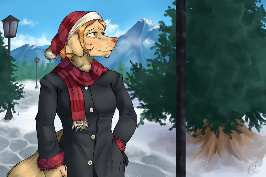 2018 blush brown_eyes canine clothed clothing female hair hand_in_pocket hat mammal minkmen_(one_piece) one_piece orange_hair outside red_hair rodenbeard scarf solo tree tuft wanda_(one_piece) winter