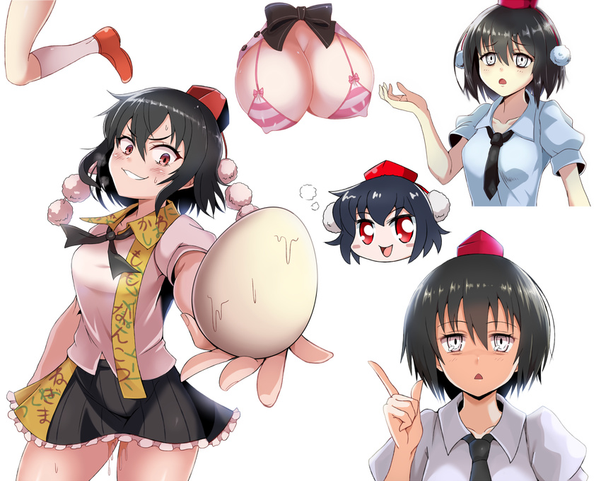 aya_(cookie) black_hair black_neckwear blush breasts chibi chibi_inset cleavage collarbone cookie_(touhou) egg enperuto_(yarumi) eyebrows_visible_through_hair hat highres holding_egg index_finger_raised kneehighs large_breasts looking_at_viewer looking_away multiple_girls necktie open_mouth parted_lips red_eyes red_hat shameimaru_aya short_hair smile tokin_hat touhou transparent_background white_eyes white_legwear yuwo_(cookie)