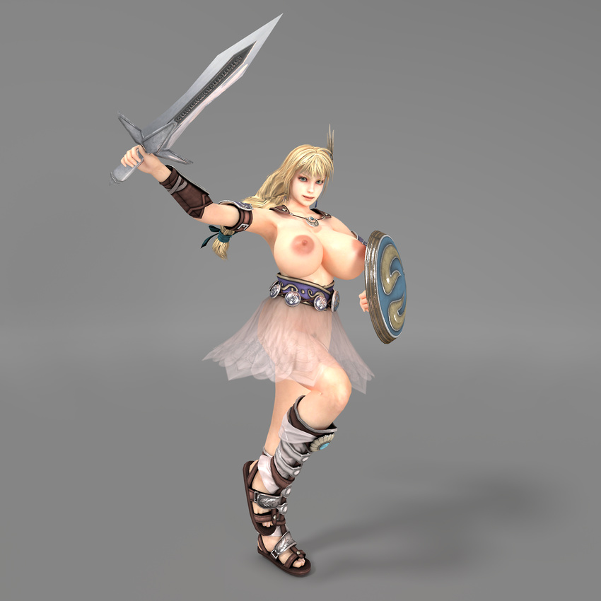 1girl 3d armor blonde_hair breasts large_breasts namco nipples rochestedorm shield sophitia_alexandra soul_calibur sword toes