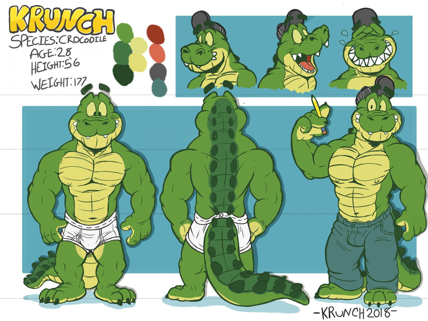 baseball_cap big_muscles blue_pants briefs bulge clothed clothing crocodile crocodilian hat hi_res jeans krunchycroc male muscular muscular_male pants reptile scalie solo tighty_whities topless underwear white_underwear