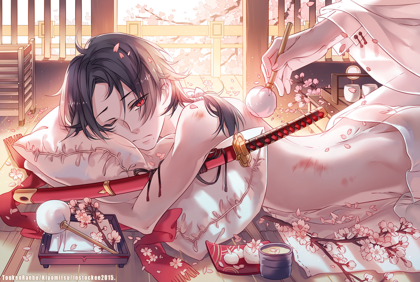 artist_name ass cherry_blossoms closed_mouth dimples_of_venus injury instocklee kashuu_kiyomitsu looking_at_viewer lying male_focus mole mole_under_mouth on_stomach one_eye_closed out_of_frame petals pillow pillow_hug ponytail red_scarf saniwa_(touken_ranbu) scarf sheath sheathed shirtless sliding_doors solo_focus sword touken_ranbu uchiko watermark weapon