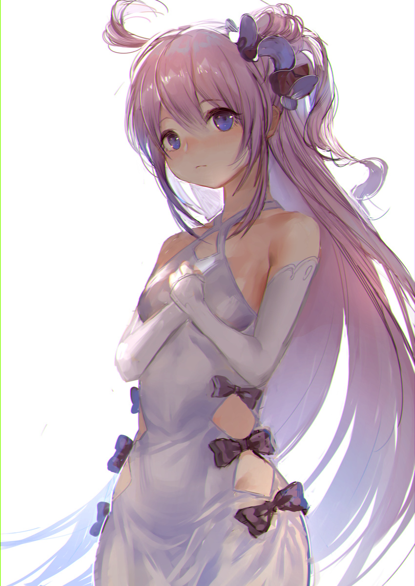 absurdres ahoge azur_lane bangs bare_shoulders black_bow black_ribbon blush bow breasts closed_mouth commentary_request detached_sleeves dress eyebrows_visible_through_hair hair_between_eyes hair_bun hair_ribbon halterneck hands_on_own_chest highres hinako_(anzu15) long_hair long_sleeves looking_at_viewer one_side_up own_hands_together purple_eyes purple_hair ribbon side_bun simple_background sleeves_past_wrists small_breasts solo unicorn_(azur_lane) very_long_hair white_background white_dress