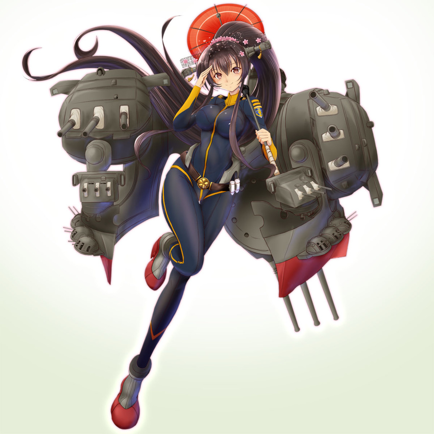 alternate_costume black_bodysuit bodysuit breasts brown_hair cosplay full_body gradient gradient_background headgear highres impossible_clothes kantai_collection large_breasts long_hair looking_at_viewer mokerou oriental_umbrella ponytail purple_eyes rigging salute skin_tight solo turret uchuu_senkan_yamato uchuu_senkan_yamato_2199 umbrella very_long_hair yamamoto_akira yamamoto_akira_(cosplay) yamato_(kantai_collection)