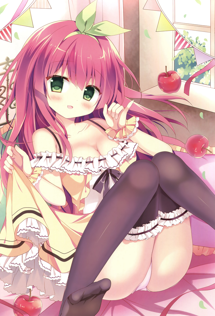 :d absurdres apple ass azumi_kazuki bangs bare_shoulders black_legwear blush breasts cleavage collarbone day dress dress_lift eyebrows_visible_through_hair fingernails food frilled_legwear frilled_pillow frills fruit green_eyes green_hairband green_ribbon hair_between_eyes hairband head_tilt highres indoors long_hair looking_at_viewer medium_breasts melonbooks no_shoes off-shoulder_dress off_shoulder open_mouth panties pennant pillow pink_hair pinky_out red_apple ribbon scan sitting sleeveless sleeveless_dress smile soles solo string_of_flags thighhighs underwear very_long_hair white_panties window wrist_cuffs yellow_dress