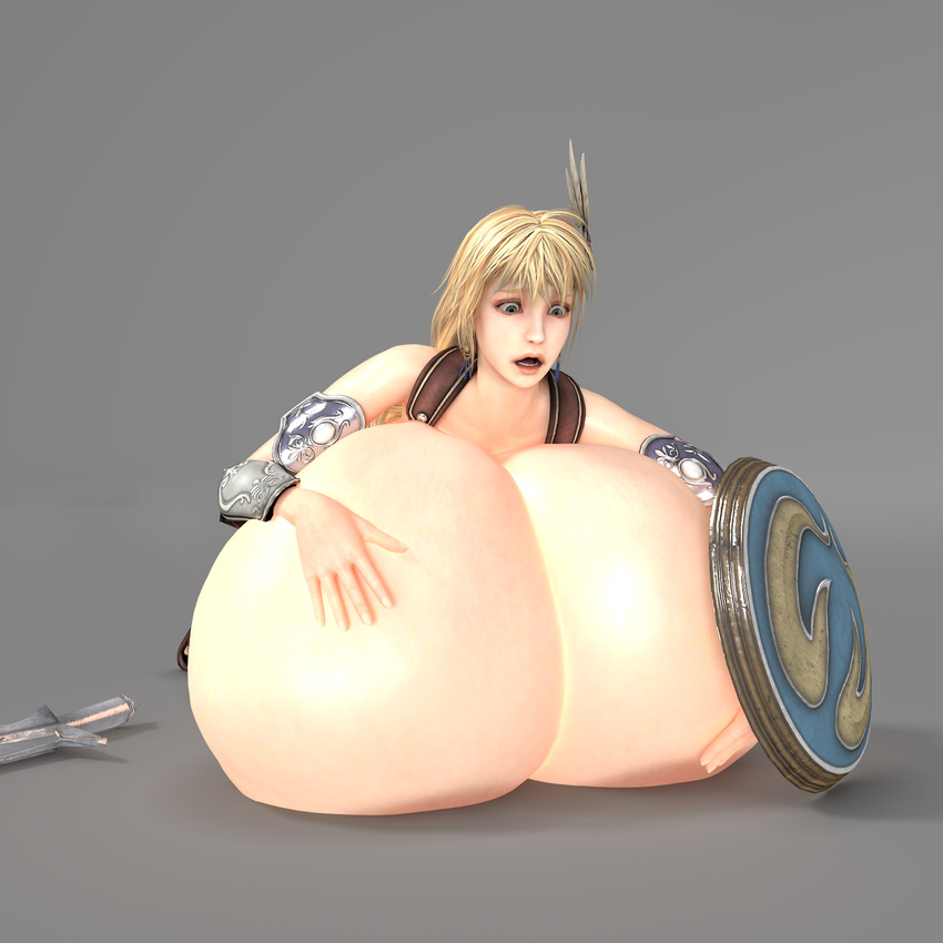 1girl 3d armor blonde_hair breasts gigantic_breasts immobilization namco rochestedorm shield sophitia_alexandra soul_calibur