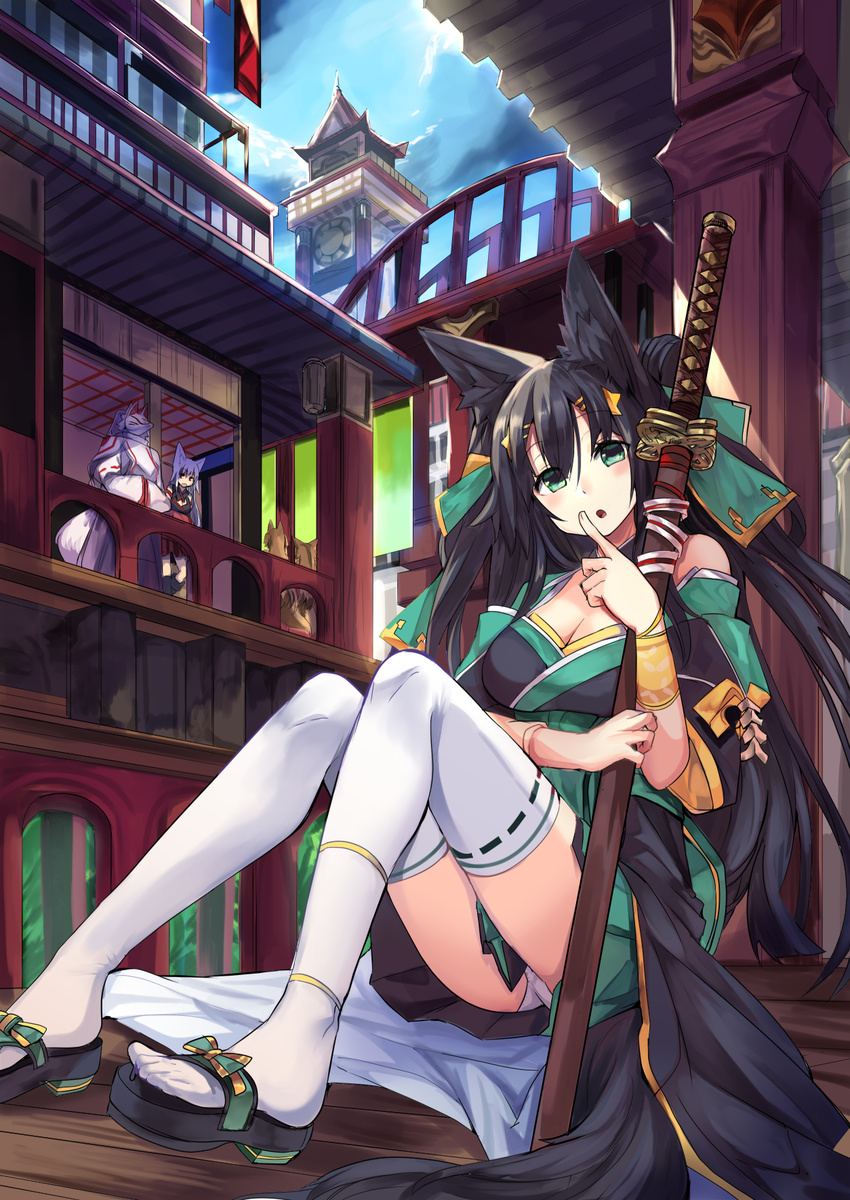 animal_ears cleavage haik japanese_clothes sword tail thighhighs