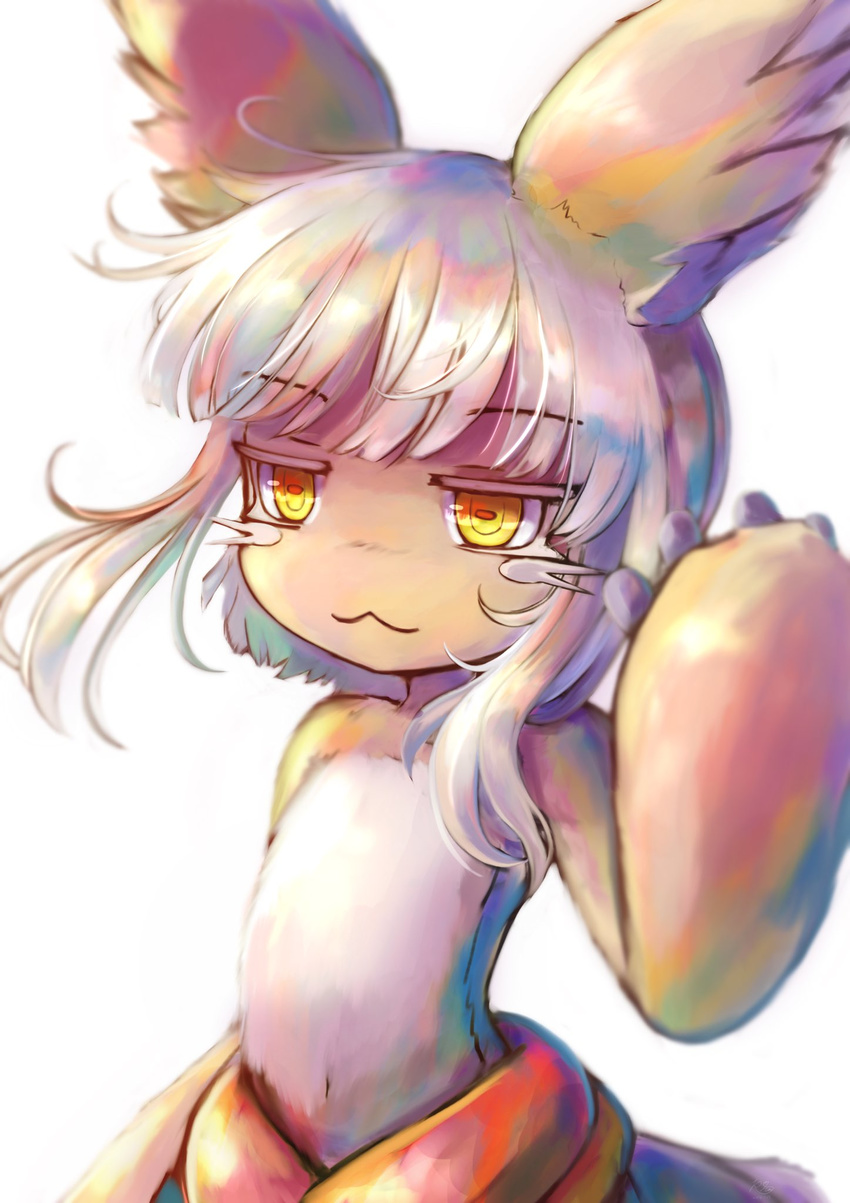 :3 animal_ears bangs blunt_bangs closed_mouth commentary_request eyebrows_visible_through_hair furry highres horizontal_pupils looking_at_viewer made_in_abyss military military_uniform nanachi_(made_in_abyss) naval_uniform paws puffy_pants ria_(efikrisia) short_hair sidelocks silver_hair simple_background solo standing uniform upper_body white_background yellow_eyes