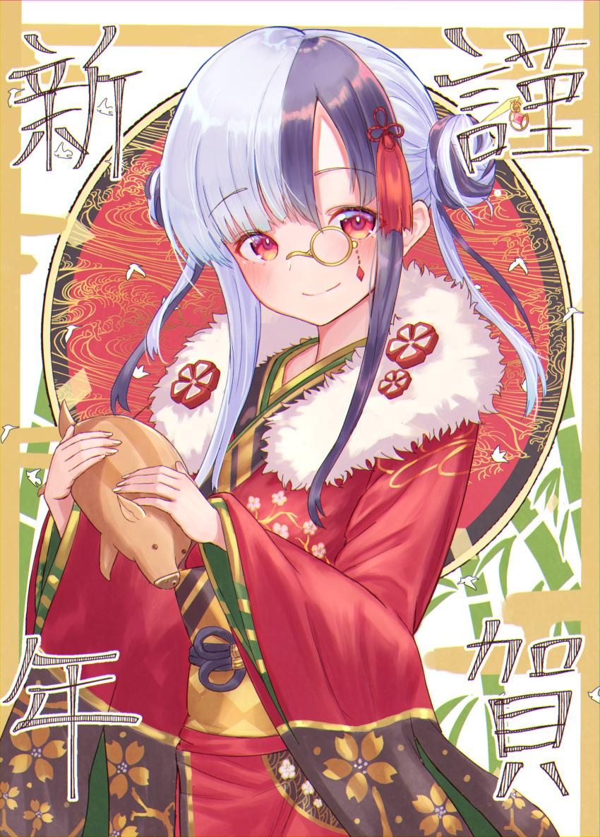 1girl absurdres black_hair blush double_bun floral_print fur_trim hair_ornament hair_stick hayataku1234 highres japanese_clothes kimono monocle multicolored_hair nez-pince original pig red_eyes smile standing two-tone_hair white_hair wide_sleeves