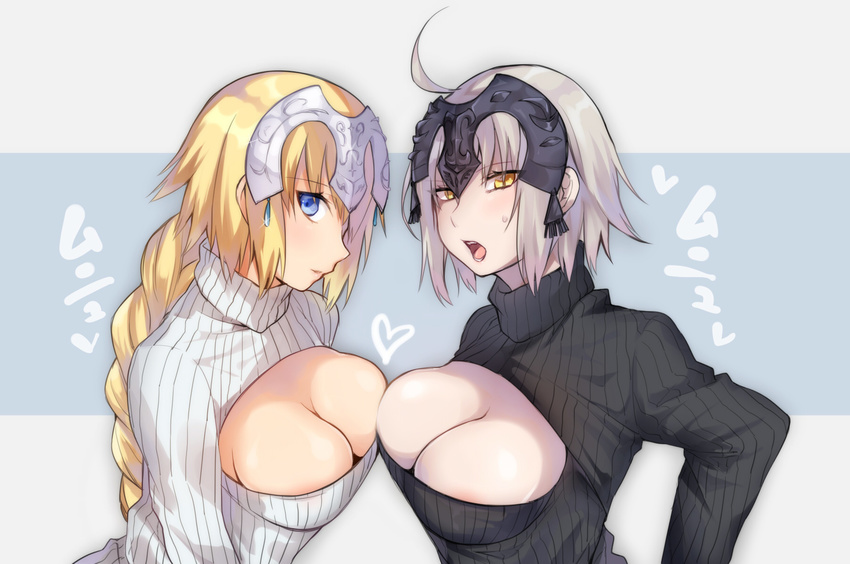 ahoge areola_slip areolae asymmetrical_docking blonde_hair blue_eyes blush braid breast_press breasts cleavage cleavage_cutout fate/grand_order fate_(series) headpiece highres iriehana jeanne_d'arc_(alter)_(fate) jeanne_d'arc_(fate) jeanne_d'arc_(fate)_(all) long_braid long_hair looking_at_viewer medium_breasts meme_attire multiple_girls open-chest_sweater open_mouth pale_skin parted_lips platinum_blonde_hair ribbed_sweater short_hair single_braid sweatdrop sweater turtleneck turtleneck_sweater very_long_hair yellow_eyes