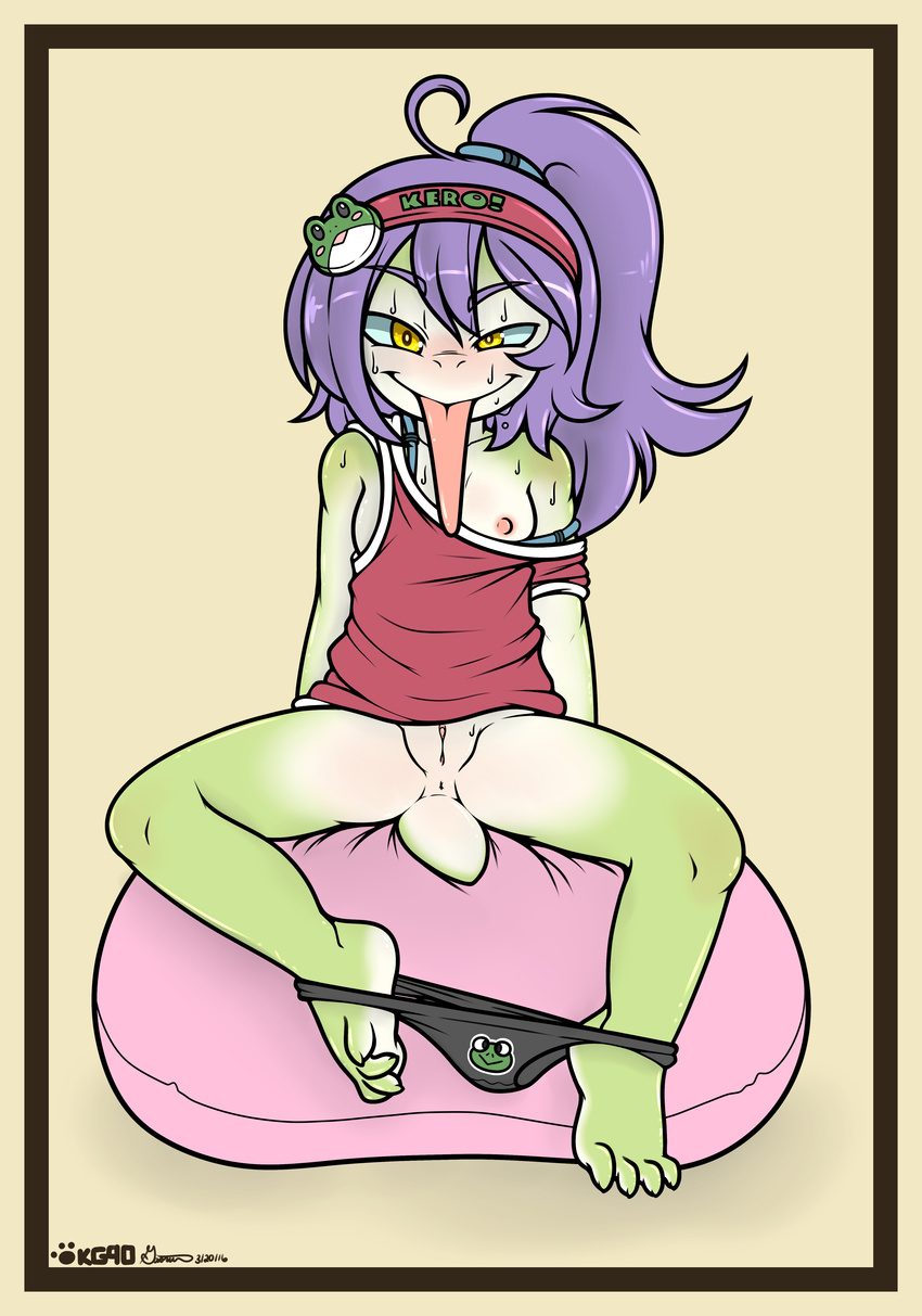 absurd_res amphibian anthro anus breasts clothed clothing female frog gaoru hair hi_res nipples panties partially_clothed presenting pussy simple_background smile solo tongue tongue_out underwear