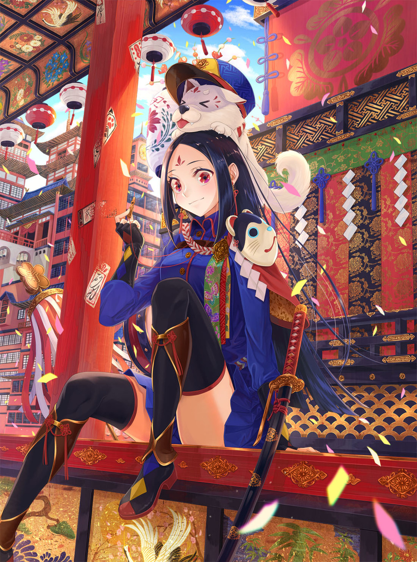 &gt;_&lt; animal animal_on_head architecture argyle arm_at_side banner black_gloves black_hair black_legwear blue_hat blue_skirt blue_sky blush breasts building capelet chinese_zodiac closed_mouth cloud confetti day dog earrings east_asian_architecture elbow_gloves facial_mark fang feet_out_of_frame gloves hat highres jewelry katana knee_up lantern long_hair looking_at_viewer mask mask_on_shoulder mask_removed medium_breasts miniskirt motion_blur on_head original outdoors pagoda paper_lantern para_sitism peaked_cap red_eyes red_ribbon ribbon sheath sheathed shide shrine sitting skirt sky sleeves_past_elbows smile solo straight_hair sword tapestry tassel thighhighs thighs very_long_hair weapon whistle year_of_the_dog zettai_ryouiki