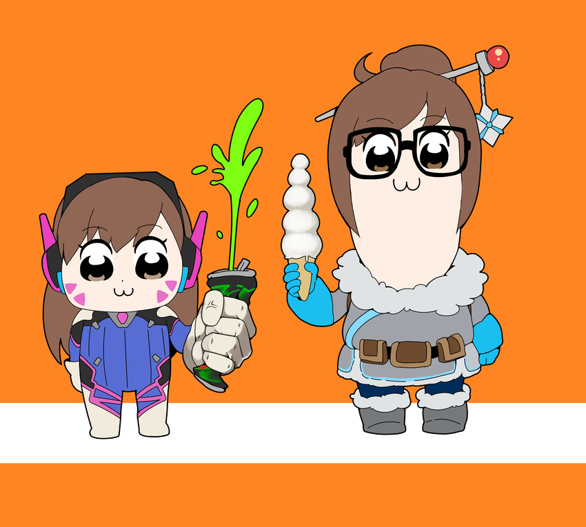 :3 absurdres belt bkub_(style) black-framed_eyewear blue_gloves bodysuit boots brown_eyes brown_hair closed_mouth coat commentary d.va_(gremlin) d.va_(overwatch) eyebrows_visible_through_hair facial_mark fur_trim glasses gloves grey_footwear hair_bun hair_ornament hairpin headphones highres holding ice_cream_cone kion-kun long_sleeves looking_at_viewer mei_(overwatch) monster_energy multiple_girls orange_background overwatch poptepipic pouch simple_background veins white_gloves winter_clothes winter_coat