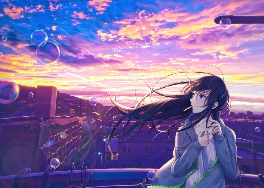 black_hair blue_eyes bubble cigarette cityscape cloud jacket lighter looking_to_the_side open_clothes open_jacket outdoors para_sitism solo standing sunrise