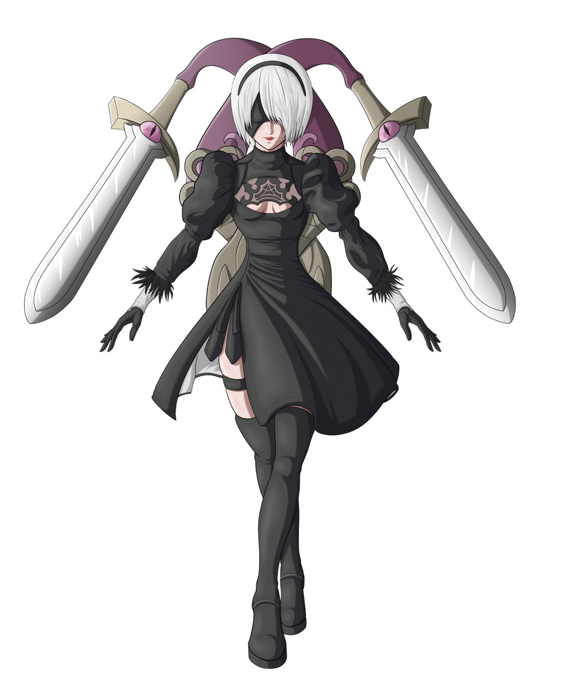 black_blindfold black_dress black_footwear black_gloves black_legwear blindfold boots breasts cleavage_cutout cryomancer doublade dress full_body gen_6_pokemon gloves highres knee_boots long_sleeves medium_breasts mole mole_under_mouth nier_(series) nier_automata pokemon pokemon_(creature) puffy_sleeves short_hair silver_hair standing thigh_strap thighhighs transparent_background yorha_no._2_type_b