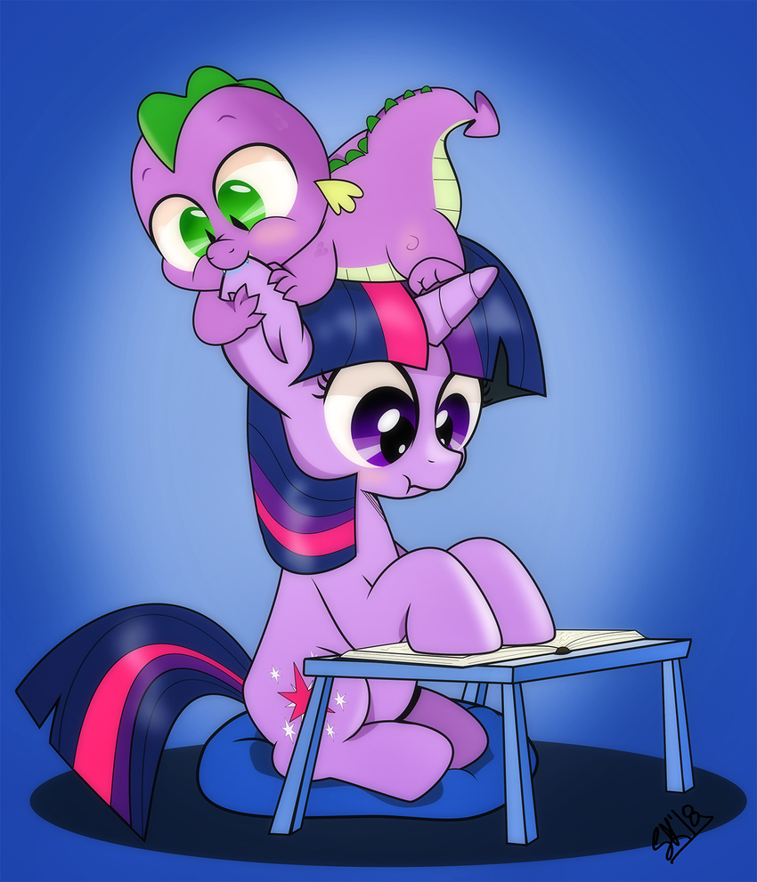 2018 baby bite blue_background blush book cub cushion cute cute_fangs cutie_mark desk dragon dsana duo ear_biting equine eyebrows eyelashes fangs female friendship_is_magic full-length_portrait gradient_background green_eyes hair horn male mammal multicolored_hair my_little_pony nom on_top portrait purple_eyes reading saliva scrunchy_face shadow signature simple_background sitting slit_pupils spike_(mlp) twilight_sparkle_(mlp) unicorn young