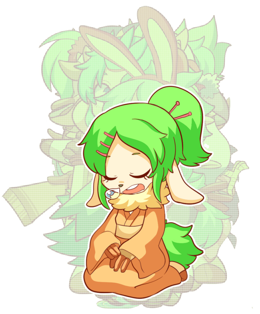 1girl artist_request eyes_closed furry green_hair japanese_clothes sheep short_hair sleeping smile snoring solo