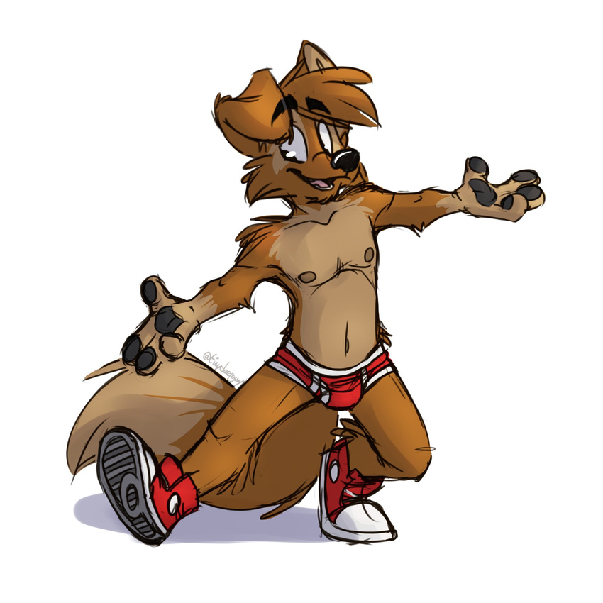 briefs canine clothed clothing dog footwear goronic male mammal red_shoes red_underwear shoes sneakers thesepantsdontfit tinydeerguy topless underwear