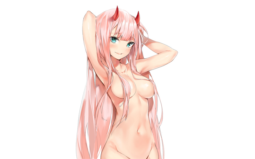 aqua_eyes darling_in_the_frankxx horns long_hair navel nude pink_hair silver_(chenwen) white zero_two