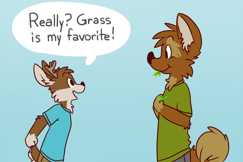 canine cervine clothed clothing comic deer dialogue dog eating english_text fully_clothed grass mammal pants shirt text thesepantsdontfit tinydeerguy