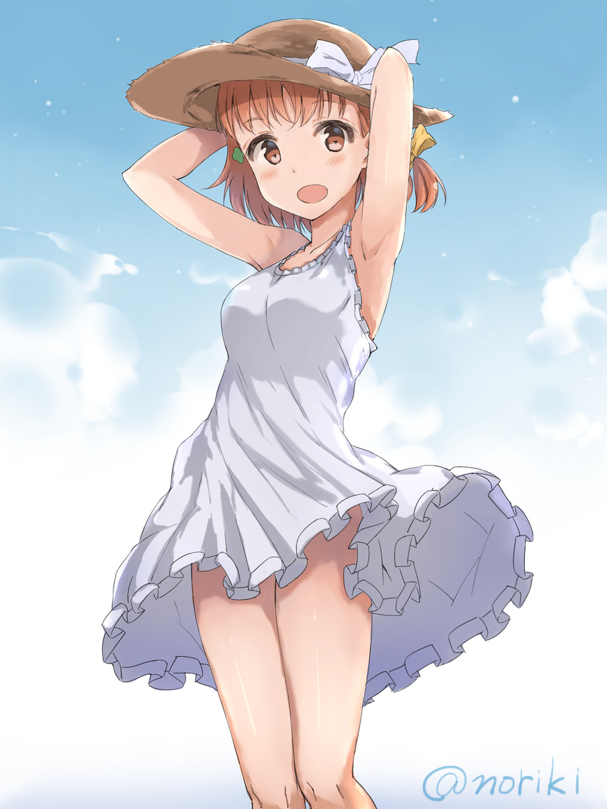 armpits arms_behind_head bangs bare_arms bare_legs bare_shoulders blue_sky blush breasts clover_hair_ornament cowboy_shot day dress eyebrows_visible_through_hair feet_out_of_frame frilled_dress frills hair_ornament hat hat_ribbon highres honorikiti looking_at_viewer love_live! love_live!_sunshine!! outdoors ribbon sky sleeveless sleeveless_dress small_breasts solo standing sun_hat sundress takami_chika tareme white_dress white_ribbon wind