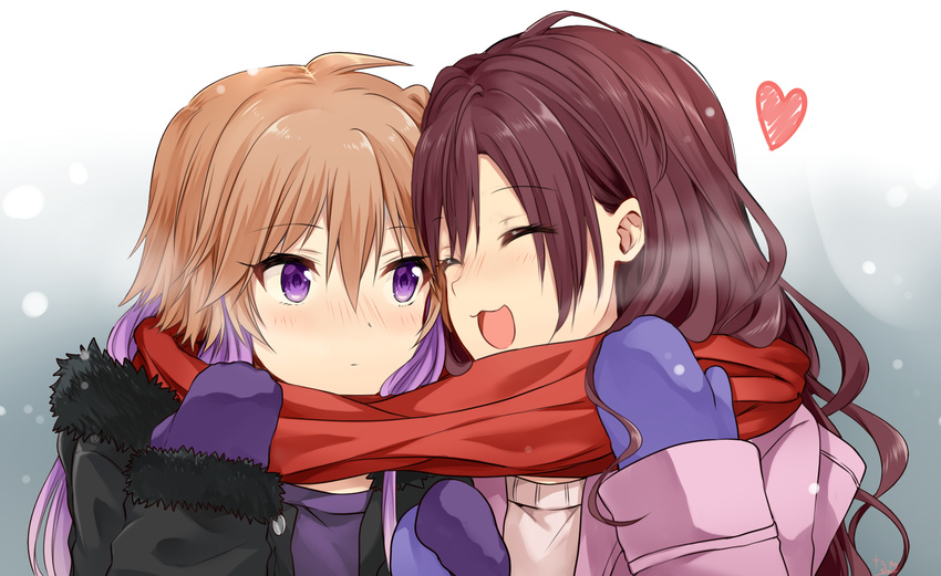:3 :d beige_sweater black_coat blush brown_hair closed_eyes closed_mouth coat eyebrows_visible_through_hair eyelashes eyes_visible_through_hair facing_another fur-trimmed_coat fur_trim heart highres ichinose_shiki idolmaster idolmaster_cinderella_girls long_hair looking_at_another mittens multicolored_hair multiple_girls ninomiya_asuka open_eyes open_mouth orange_hair outdoors pink_coat purple_eyes purple_hair purple_shirt red_scarf scarf shared_scarf shirt smile snowing sweater tarachine two-tone_hair unbuttoned upper_body wavy_hair winter winter_clothes yuri