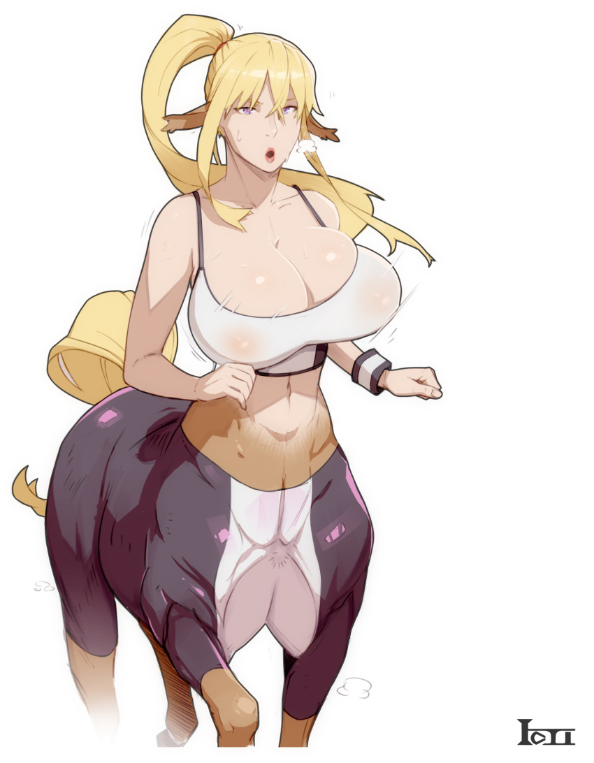 1girl animal_ears bangs bare_arms bare_shoulders bike_shorts blonde_hair bouncing_breasts breasts centaur centorea_shianus cleavage commentary crossed_bangs english_commentary erect_nipples hair_between_eyes highres horse_ears huge_breasts long_hair looking_at_viewer materclaws monster_girl monster_musume_no_iru_nichijou motion_lines parted_lips ponytail purple_eyes running signature simple_background solo white_background