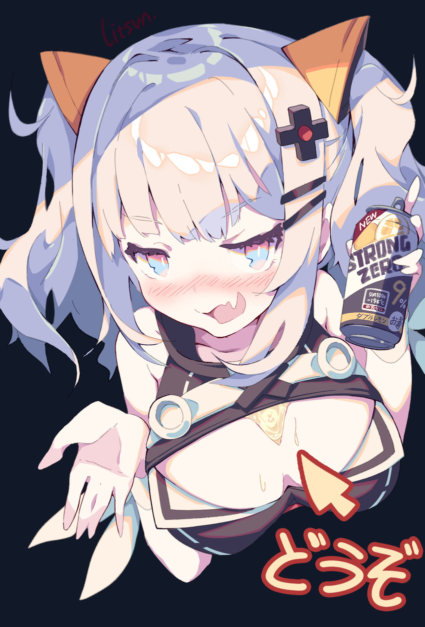 alcohol artist_name bangs beer beer_can black_background blue_eyes blush breasts bust_cup can cleavage cleavage_cutout cropped_torso directional_arrow eyebrows_visible_through_hair fang hair_ornament hairclip highres holding holding_can kaguya_luna kaguya_luna_(character) large_breasts litsvn long_hair looking_at_viewer nose_blush open_mouth product_placement silver_hair simple_background sleeveless smile solo strong_zero translated twintails upper_body virtual_youtuber