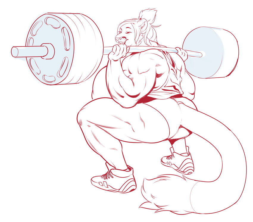 anthro areola big_breasts boosterpang breasts clothed clothing cougar crouching exercise feline female gym_clothing huge_breasts mammal monochrome muscular muscular_female smile solo weightlifting workout