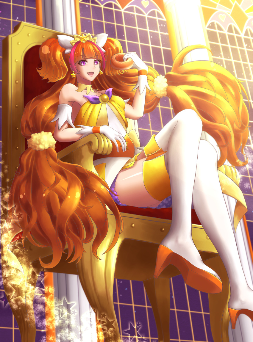 amanogawa_kirara bluah boots cure_twinkle dress gloves long_hair magical_giro orange_hair smile throne twintails violet_eyes