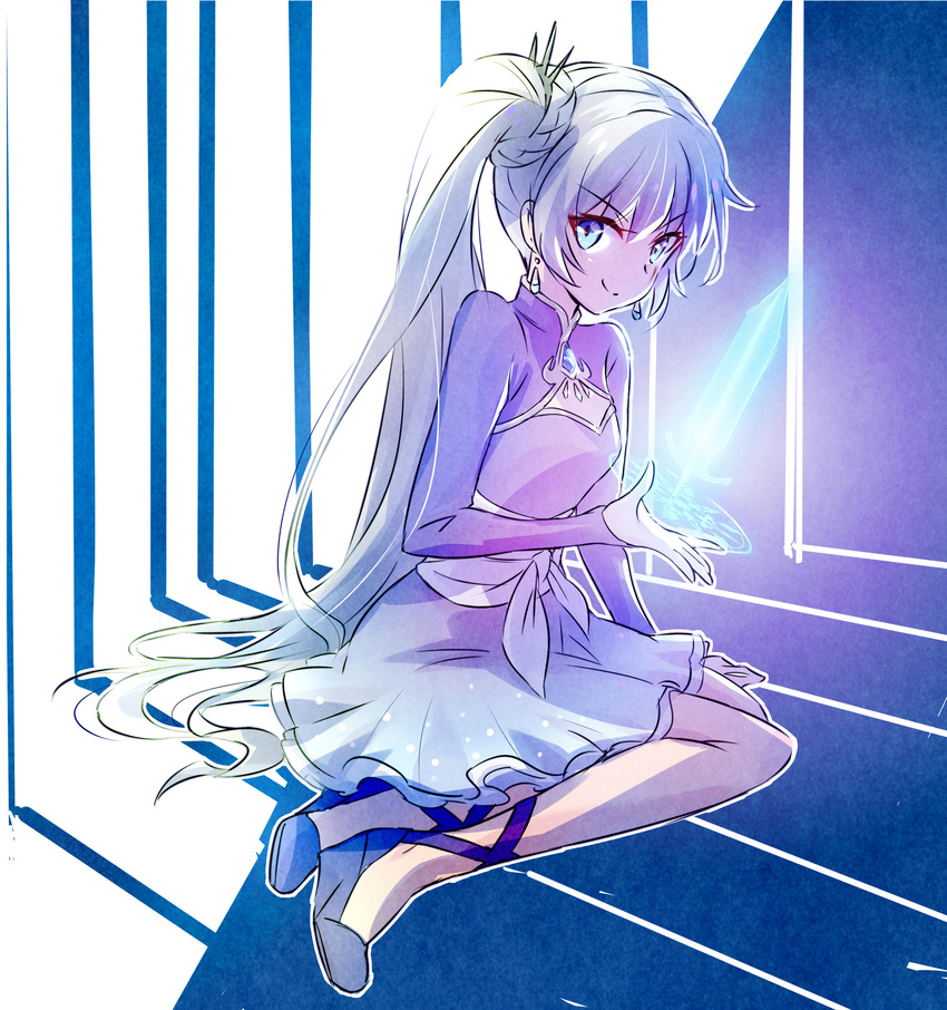 &gt;:) ankle_lace-up arm_support bangs bare_legs blue_eyes blue_footwear blush cage cleavage_cutout cross-laced_footwear dagger earrings eyebrows_visible_through_hair far_cry_3 full_body gem high_heels highres hologram iesupa jewelry long_hair long_sleeves looking_at_viewer no_socks on_floor outline rwby sash scar scar_across_eye side_ponytail sitting smile solo summoning sword v-shaped_eyebrows very_long_hair weapon wedge_heels weiss_schnee white_hair white_outline yokozuwari