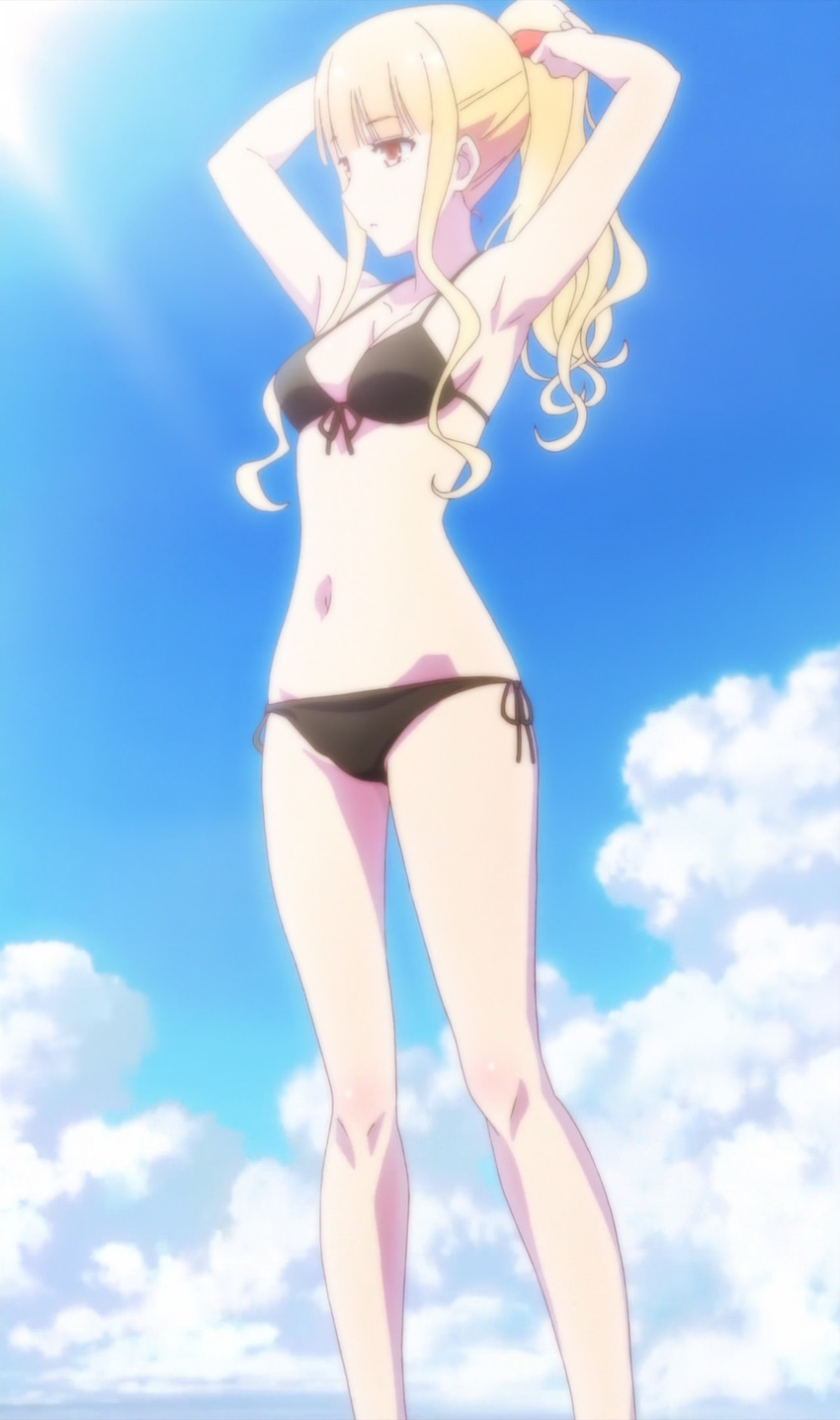 1girl bikini blonde_hair brown_eyes cloud female high_resolution koizumi koizumi-san ponytail ramen_daisuki_koizumi-san screencap sky swimsuit tied_hair