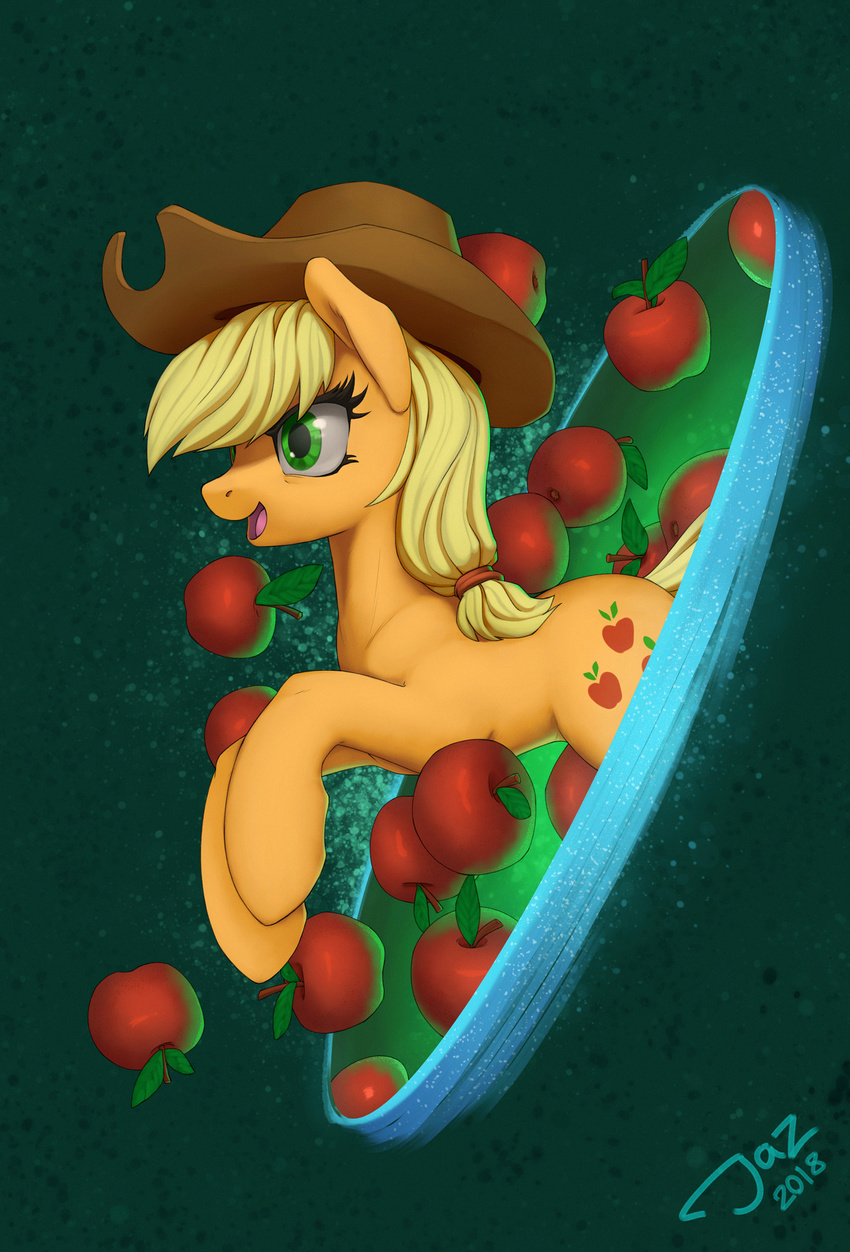 1jaz 2018 apple applejack_(mlp) blonde_hair cute cutie_mark earth_pony equine eyelashes female food friendship_is_magic fruit green_background green_eyes hair hat horse makeup mammal mascara my_little_pony nude open_mouth open_smile pony portal portrait side_view signature simple_background smile solo text three-quarter_portrait tongue