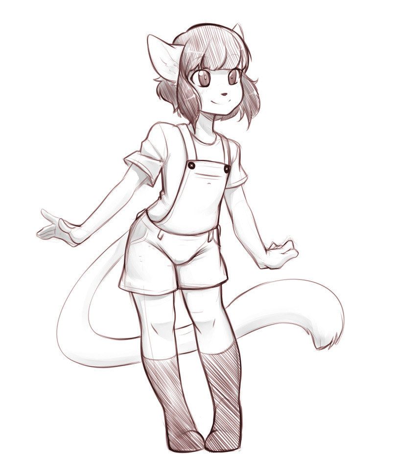 anthro clothed clothing crossdressing feline girly greyscale hi_res male mammal mercy_(suelix) monochrome overalls shorts sketch smile solo standing suelix