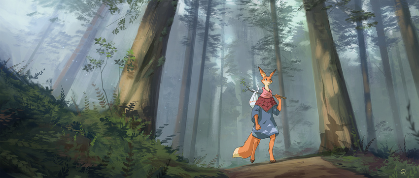 anthro barefoot canine clothed clothing day detailed_background digital_media_(artwork) forest fox mammal outside pelboy solo tree
